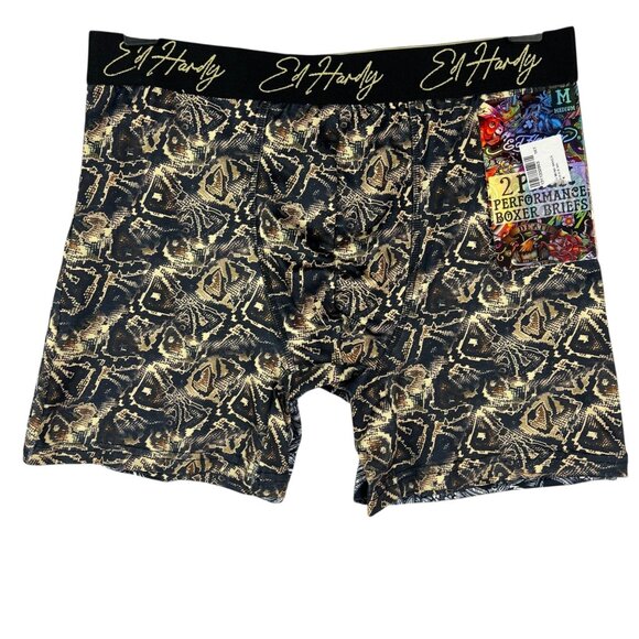 Ed Hardy Men's 2-Pack Brow Black Boxer Briefs Size Medium Skull & Snake Skin NWT - Picture 1 of 7
